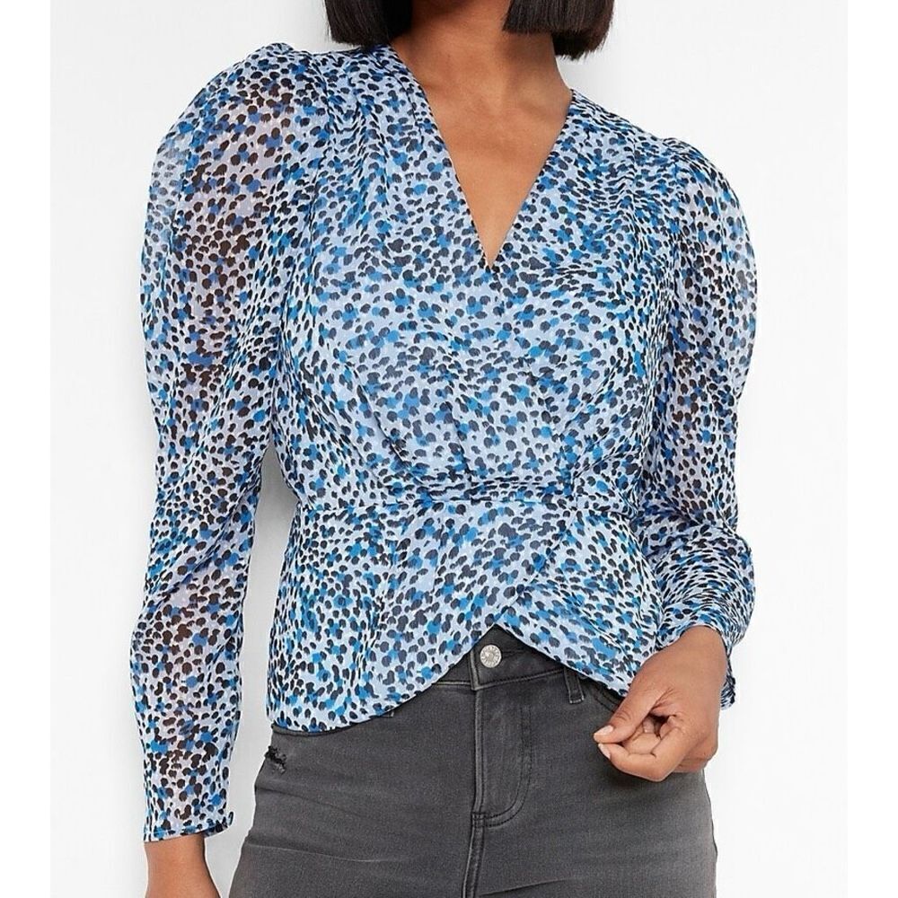 Express Blue Leopard Print Faux Wrap Peplum Top XS New